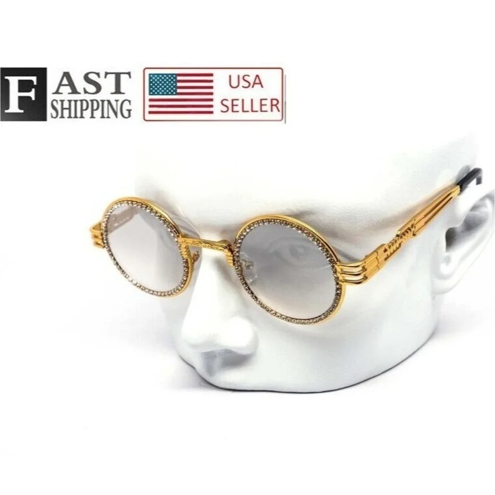 Rhinestone Sunglasses Round Frame Gold Metal Frame Men's Fashion Street Wear New